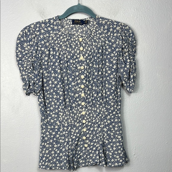 Polo Ralph Lauren Tops - Polo Ralph Lauren Floral Print Blue White Ruched Sleeve Button Front Blouse 0